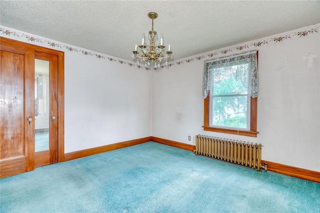 112 Isabelle St, Rochester, NY 14606 - empty room featuring radiator heating unit, carpet floors, a chandelier, and a textured ceiling