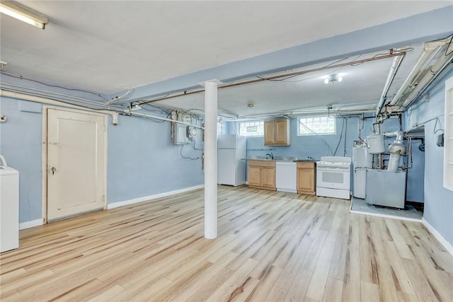 112 Isabelle St, Rochester, NY 14606 - basement featuring freestanding refrigerator, water heater, light wood finished floors, washer / dryer, and electric panel
