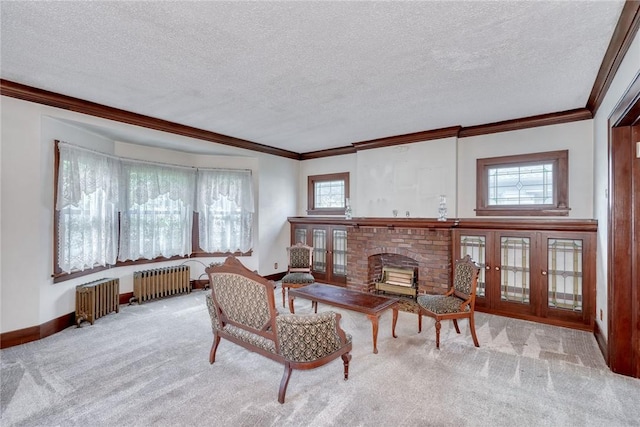 112 Isabelle St, Rochester, NY 14606 - carpeted living area with radiator, ornamental molding, a brick fireplace, and a textured ceiling
