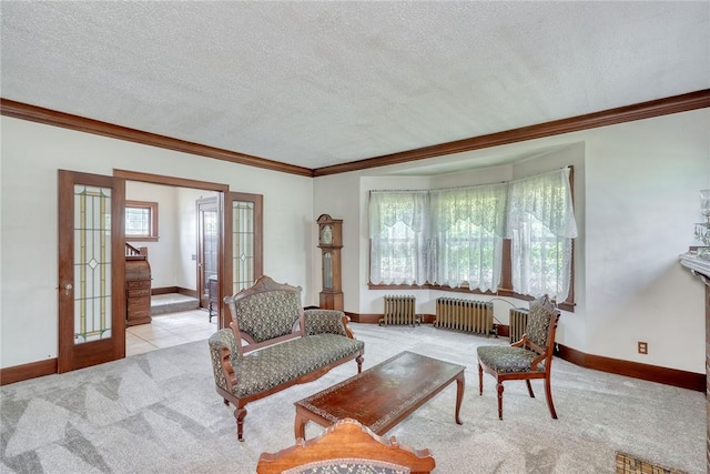 112 Isabelle St, Rochester, NY 14606 - carpeted living room with radiator, ornamental molding, a textured ceiling, and french doors