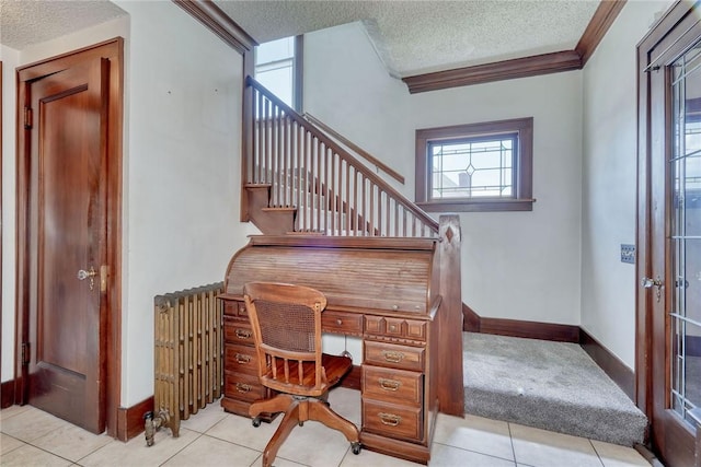 112 Isabelle St, Rochester, NY 14606 - tiled home office featuring a textured ceiling and crown molding
