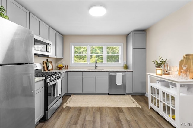 161 Forrest St, Deerfield, NY 13502 - kitchen with stainless steel appliances, gray cabinetry, wood finished floors, and light countertops
