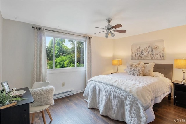 3675 Buttercup Ln, Clay, NY 13027 - bedroom with a baseboard heating unit, wood finished floors, and ceiling fan