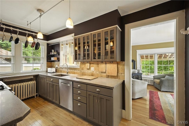 306 Berkeley Dr, Syracuse, NY 13210 - kitchen featuring radiator, stainless steel dishwasher, crown molding, decorative backsplash, and light wood-type flooring