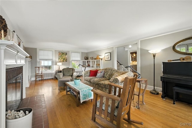 306 Berkeley Dr, Syracuse, NY 13210 - living area with radiator, a glass covered fireplace, plenty of natural light, and light wood-type flooring