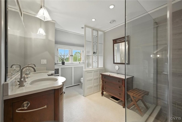 306 Berkeley Dr, Syracuse, NY 13210 - full bathroom with double vanity, tiled shower, and recessed lighting