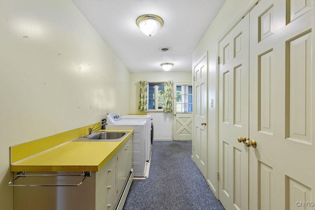 20 Cross Rd, Dewitt, NY 13224 - laundry room featuring independent washer and dryer, dark colored carpet, and cabinet space