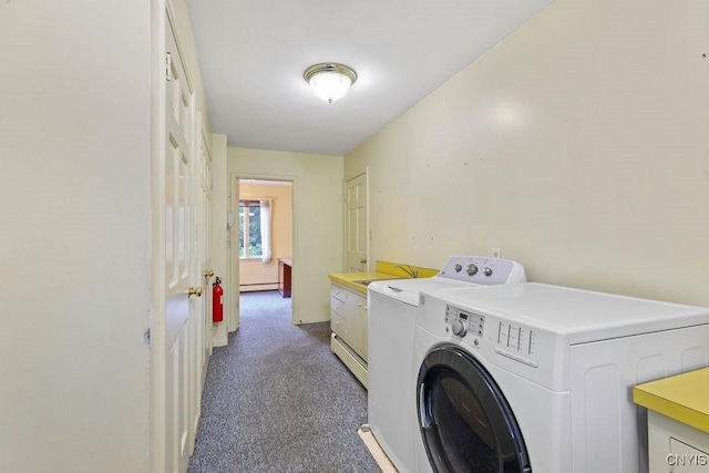 20 Cross Rd, Dewitt, NY 13224 - laundry area featuring washer and dryer, dark colored carpet, and a baseboard radiator