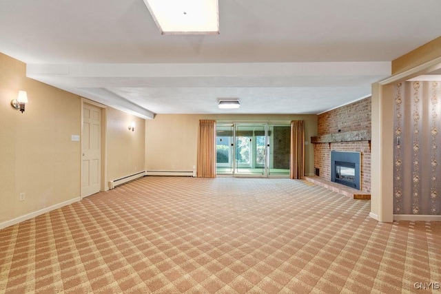 20 Cross Rd, Dewitt, NY 13224 - unfurnished living room with a baseboard heating unit, light carpet, a fireplace, and beamed ceiling