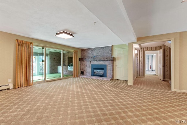 20 Cross Rd, Dewitt, NY 13224 - unfurnished living room featuring carpet flooring, a brick fireplace, and a baseboard radiator