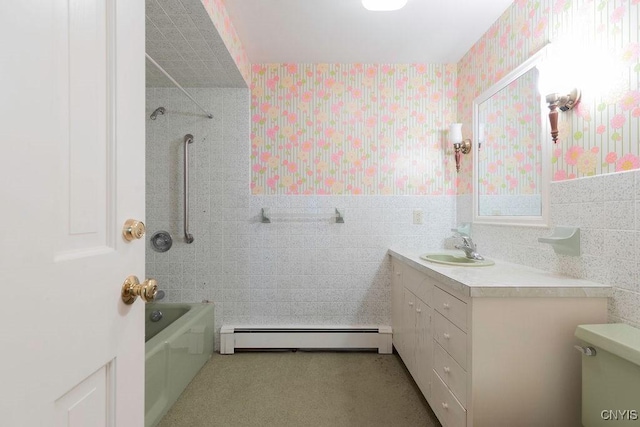 20 Cross Rd, Dewitt, NY 13224 - bathroom featuring wallpapered walls, baseboard heating, vanity, bathing tub / shower combination, and tile walls
