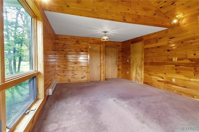 1520 Davis Rd, Aurora, NY 14170 - carpeted empty room featuring wooden walls and lofted ceiling