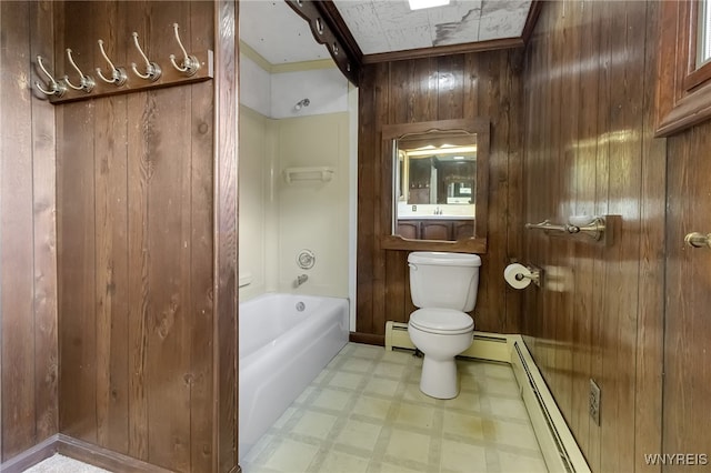 1520 Davis Rd, Aurora, NY 14170 - bathroom with tile patterned floors, wood walls, baseboard heating, and shower / washtub combination