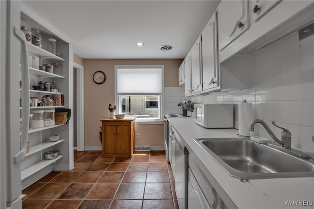 32 Bernhardt Dr Unit 5, Amherst, NY 14226 - kitchen with white appliances, white cabinetry, light countertops, open shelves, and recessed lighting