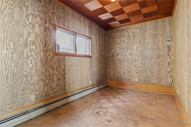 84 Pulaski St, Buffalo, NY 14206 - unfurnished room featuring a baseboard heating unit, wood ceiling, and tile patterned floors