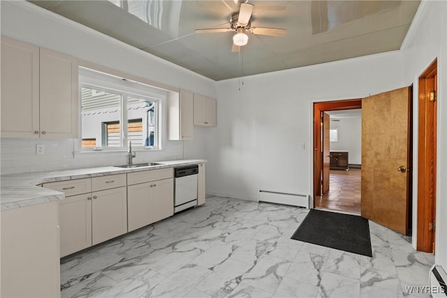 84 Pulaski St, Buffalo, NY 14206 - kitchen featuring a baseboard heating unit, dishwasher, light marble finish flooring, backsplash, and light countertops