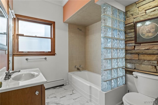 84 Pulaski St, Buffalo, NY 14206 - bathroom featuring baseboard heating, vanity, shower / bath combination, marble look tiles, and ornamental molding