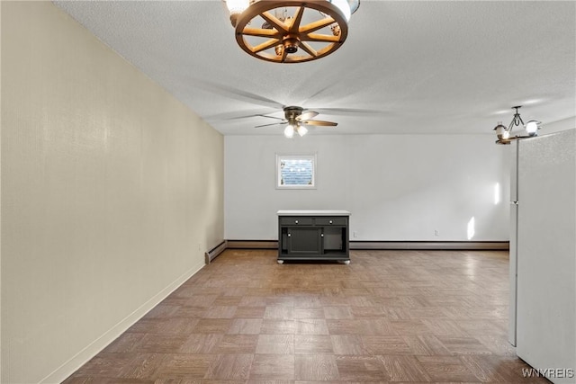 84 Pulaski St, Buffalo, NY 14206 - empty room with a chandelier, a baseboard radiator, a textured ceiling, and ceiling fan