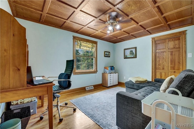 57 Middlebury Rd, Orchard Park, NY 14127 - office with wood finished floors, ceiling fan, wood ceiling, and coffered ceiling