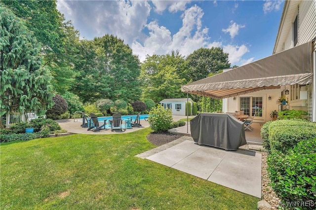 57 Middlebury Rd, Orchard Park, NY 14127 - view of green lawn featuring a patio, a shed, and an outdoor pool