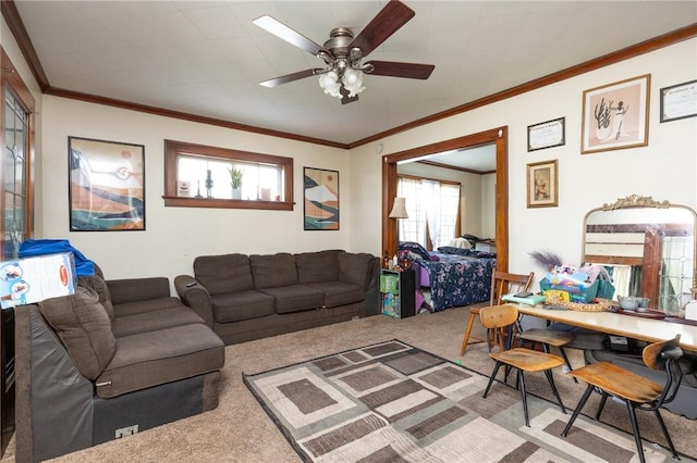 147 Springfield Ave, Rochester, NY 14609 - living area featuring carpet, ornamental molding, and a ceiling fan