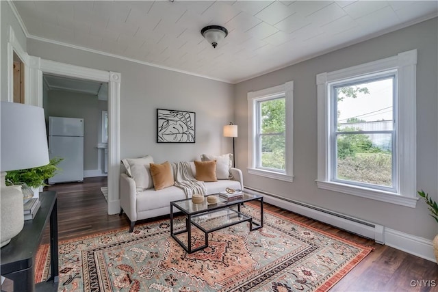713 Parham St, Wilna, NY 13619 - living area featuring baseboard heating, wood finished floors, and crown molding