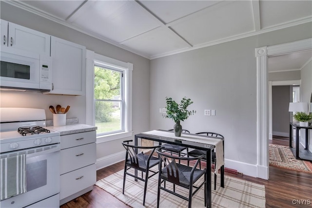 713 Parham St, Wilna, NY 13619 - kitchen with white appliances, dark wood finished floors, light countertops, white cabinets, and ornamental molding
