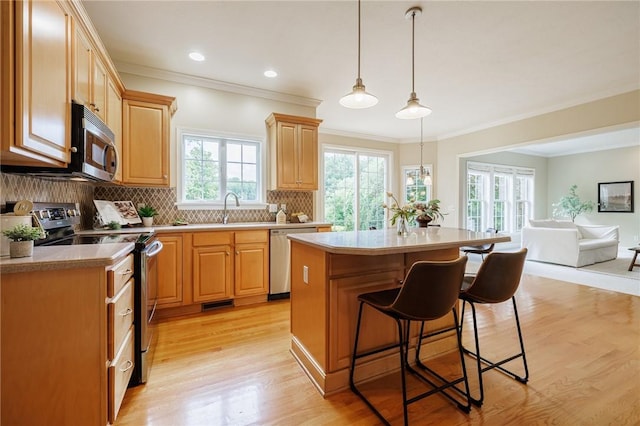 6915 Proximity Ln, Victor, NY 14564 - kitchen with stainless steel appliances, open floor plan, a breakfast bar, backsplash, and light wood-style flooring
