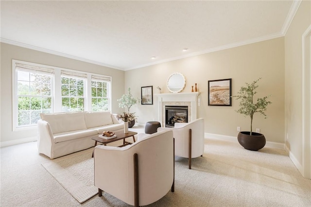 6915 Proximity Ln, Victor, NY 14564 - living room featuring light colored carpet, crown molding, and a glass covered fireplace