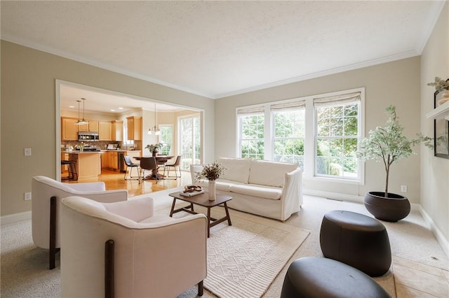 6915 Proximity Ln, Victor, NY 14564 - living area featuring ornamental molding and light colored carpet