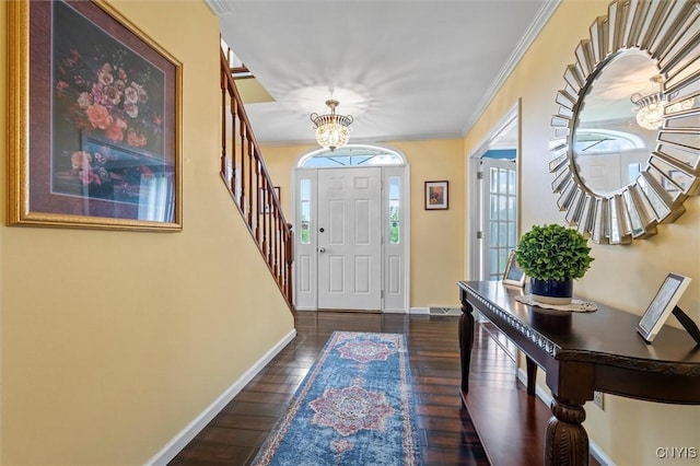 331 Hickory Ln, Hastings, NY 13036 - entryway featuring a chandelier, stairway, hardwood / wood-style flooring, and crown molding