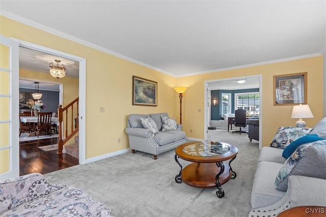 331 Hickory Ln, Hastings, NY 13036 - living room with a chandelier, stairway, ornamental molding, and carpet