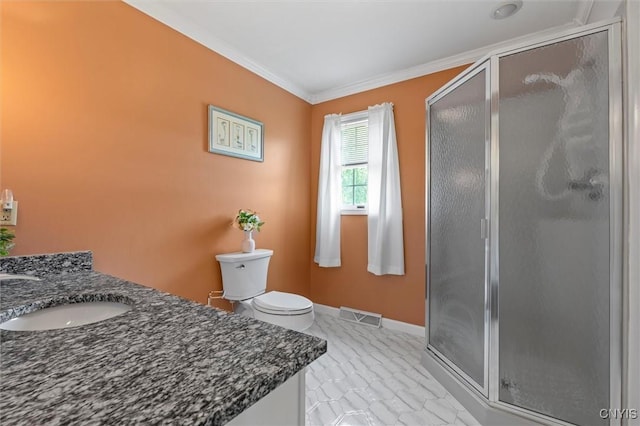 331 Hickory Ln, Hastings, NY 13036 - bathroom with a shower stall, ornamental molding, vanity, and marble finish floors
