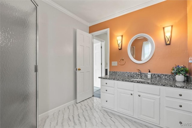331 Hickory Ln, Hastings, NY 13036 - full bathroom featuring vanity, marble look tiles, ornamental molding, and an enclosed shower