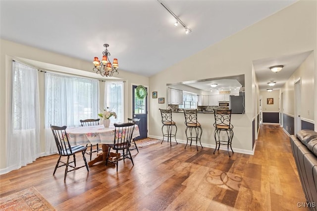 331 Hickory Ln, Hastings, NY 13036 - dining room featuring track lighting, a chandelier, lofted ceiling, and light wood-type flooring
