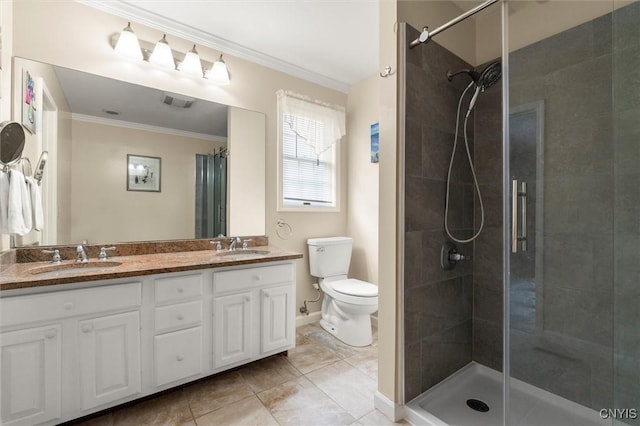 331 Hickory Ln, Hastings, NY 13036 - bathroom featuring a shower stall, double vanity, and crown molding