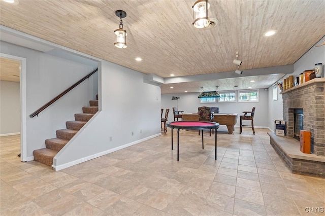 331 Hickory Ln, Hastings, NY 13036 - rec room with wood ceiling, a brick fireplace, and recessed lighting