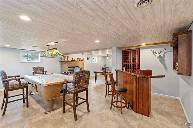 331 Hickory Ln, Hastings, NY 13036 - indoor dry bar with a fireplace, wooden ceiling, recessed lighting, and decorative light fixtures