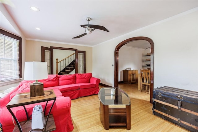 108 Iroquois St, Rochester, NY 14609 - living area with a ceiling fan, ornamental molding, wood finished floors, arched walkways, and recessed lighting