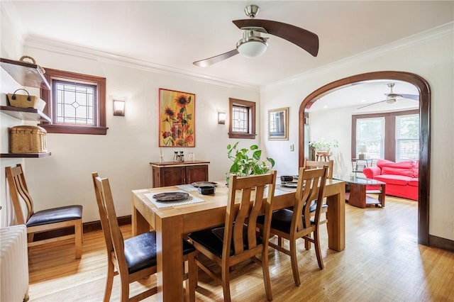 108 Iroquois St, Rochester, NY 14609 - dining room with ceiling fan, radiator, light wood finished floors, ornamental molding, and arched walkways