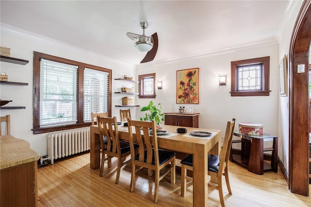 108 Iroquois St, Rochester, NY 14609 - dining space featuring radiator, crown molding, light wood finished floors, and a ceiling fan