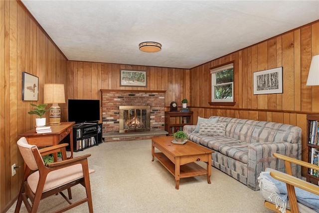 500 Watson Rd, Perinton, NY 14450 - carpeted living room with wood walls and a fireplace