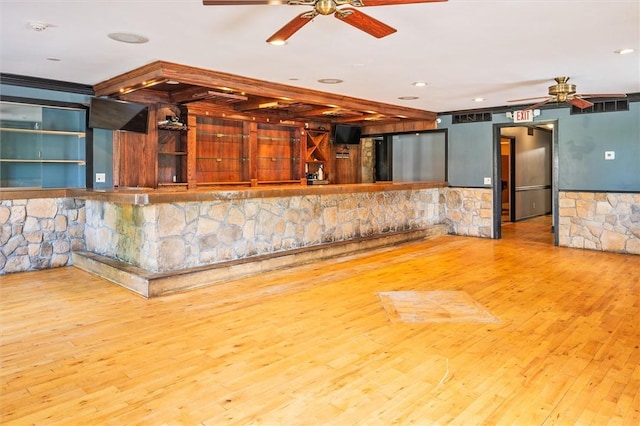 1369 Pittsford Mendon Rd, Mendon, NY 14506 - kitchen with ceiling fan, wood finished floors, recessed lighting, and ornamental molding