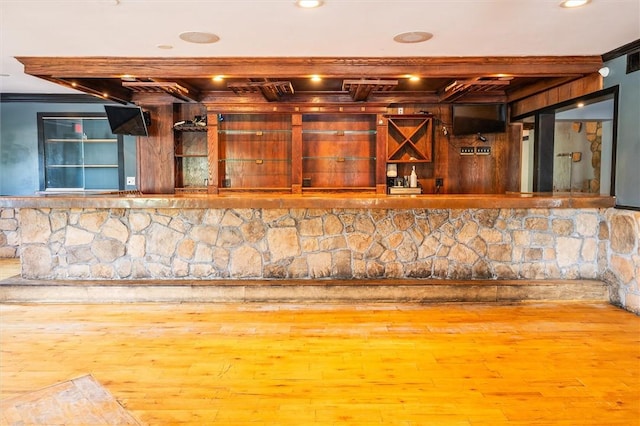 1369 Pittsford Mendon Rd, Mendon, NY 14506 - bar area featuring ornamental molding, hardwood / wood-style floors, and beamed ceiling