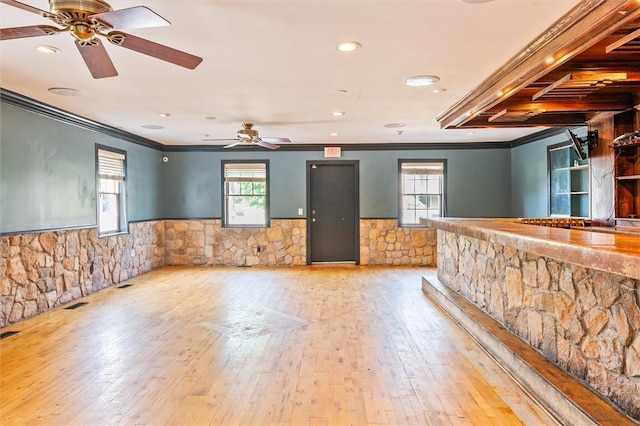 1369 Pittsford Mendon Rd, Mendon, NY 14506 - empty room with wainscoting, ceiling fan, ornamental molding, wood-type flooring, and recessed lighting