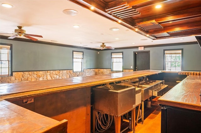 1369 Pittsford Mendon Rd, Mendon, NY 14506 - kitchen featuring a ceiling fan, crown molding, recessed lighting, wood finished floors, and plenty of natural light