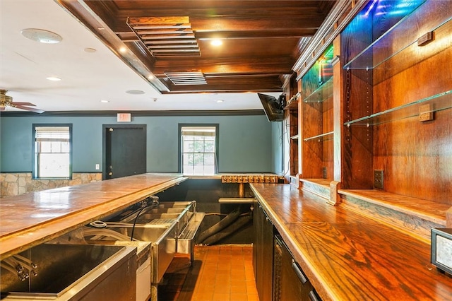 1369 Pittsford Mendon Rd, Mendon, NY 14506 - bar featuring ceiling fan, crown molding, wood ceiling, and recessed lighting