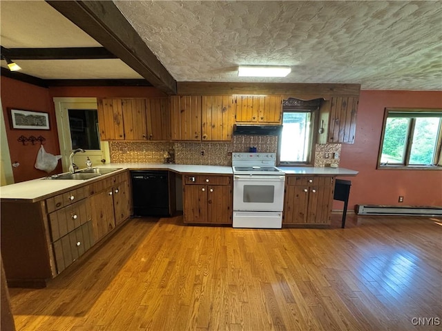 237 E Hamilton Ave, Sherrill, NY 13461 - kitchen with electric range, dishwasher, a textured ceiling, brown cabinets, and a peninsula