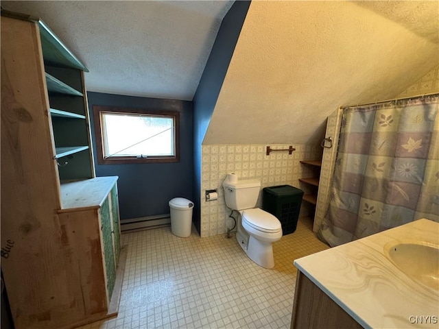 237 E Hamilton Ave, Sherrill, NY 13461 - full bath featuring a baseboard radiator, vaulted ceiling, vanity, a textured ceiling, and a shower with curtain