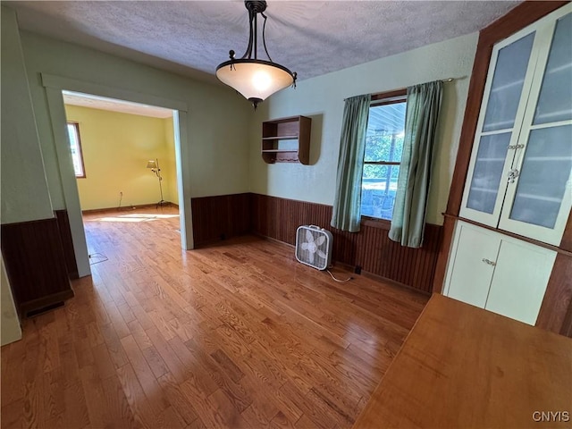 237 E Hamilton Ave, Sherrill, NY 13461 - unfurnished dining area with wainscoting, a textured ceiling, wood finished floors, and wood walls